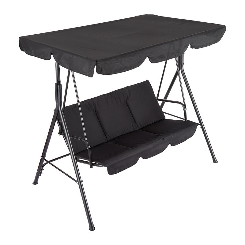 Columpio de jardín para 3 personas – Estructura de acero resistente – Cojines gruesos – Dosel ajustable – Ideal para patio, terraza, porche o piscina – Negro