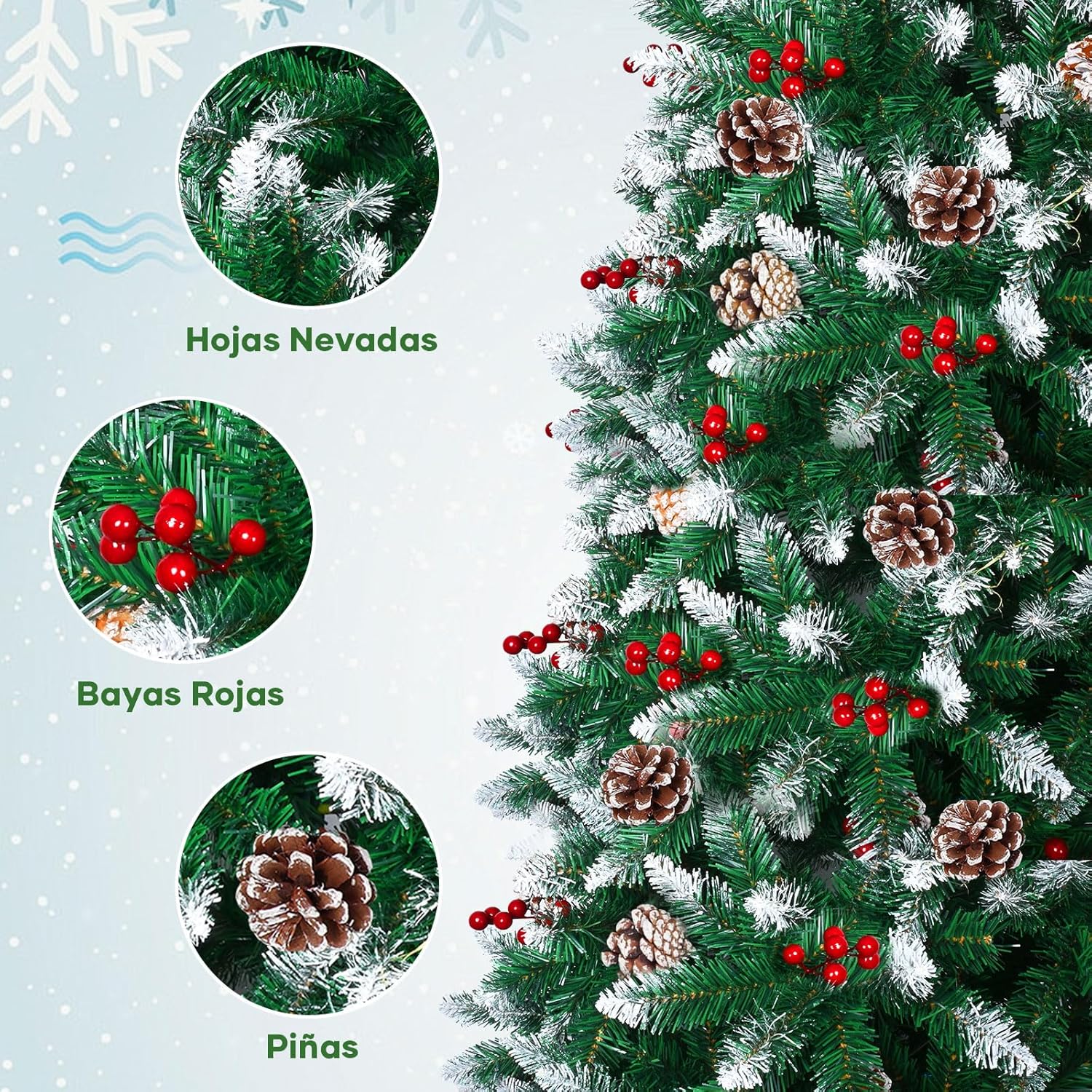 2.1M Árbol de Navidad Nevado, 1200 PVC Ramas, Árbol de Navidad Artificial con Bayas Rojas y Piñas, Soporte de Metal, Decoraciones Navideñas para Uso Interior y Exterior