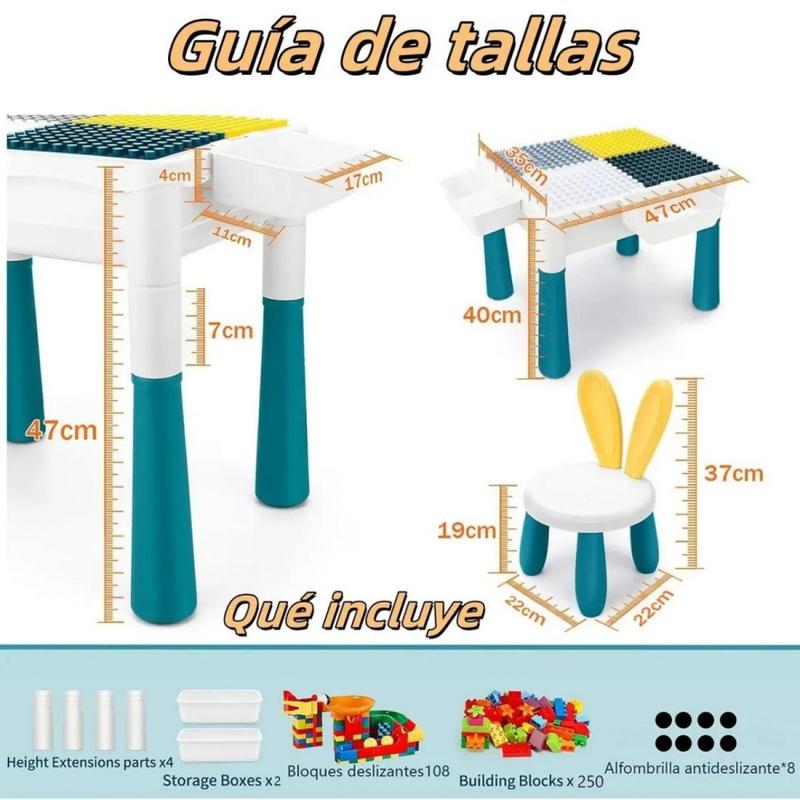 Esta mesa de bloques de construcción multifuncional y de gran tamaño es ideal para niños de 3 a 6 años e incluye 358 bloques y una silla infantil. Ayuda a desarrollar la imaginación, la coordinación y la capacidad de atención de los niños.