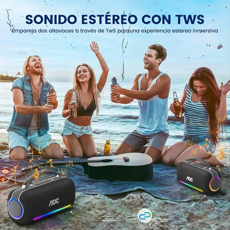 AOC ACS6311 Bocina Bluetooth Portatil 80W, Varias Luces RGB, Bluetooth 5.3 Altavoz Inalámbrico, Sonido Estéreo HD, 4000Mah Tiempo de Espera Ultralargo IPX5 función, Ideal para Viajar, Campear, Negro