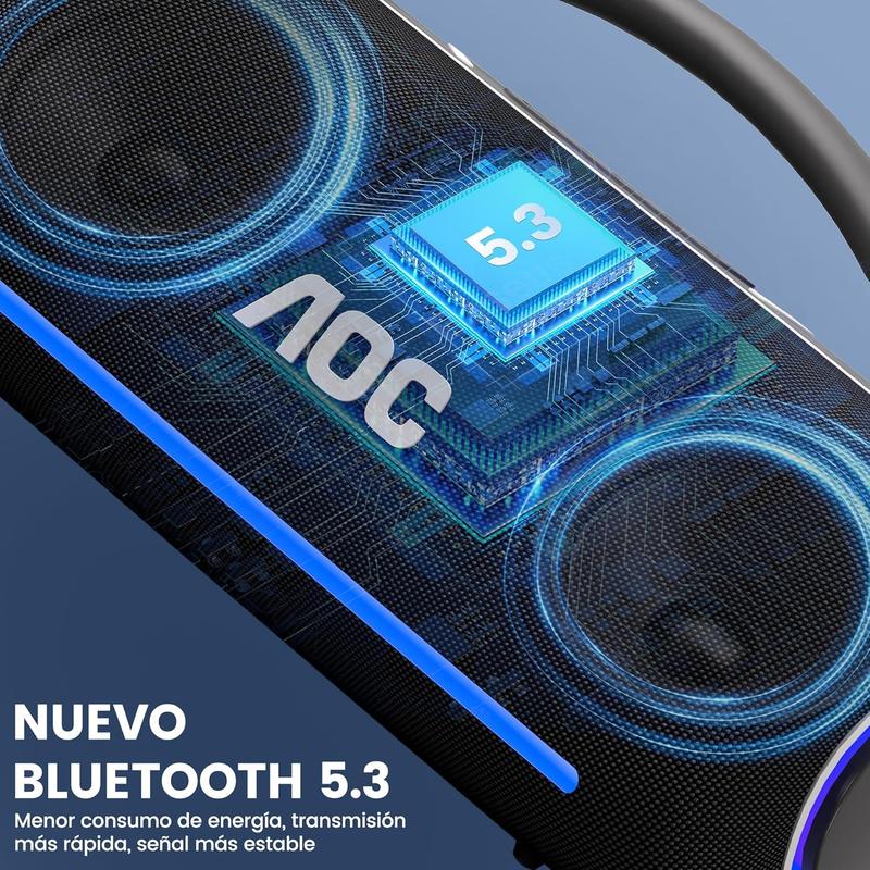 AOC ACS6311 Bocina Bluetooth Portatil 80W, Varias Luces RGB, Bluetooth 5.3 Altavoz Inalámbrico, Sonido Estéreo HD, 4000Mah Tiempo de Espera Ultralargo IPX5 función, Ideal para Viajar, Campear, Negro