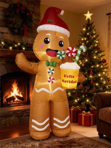 2.4m Inflable Navidad Hombre Jengibre Navideño Decoraciones— Incluye luces LED y ventilador integrados; apto para decoración de fiestas y uso en el jardín.