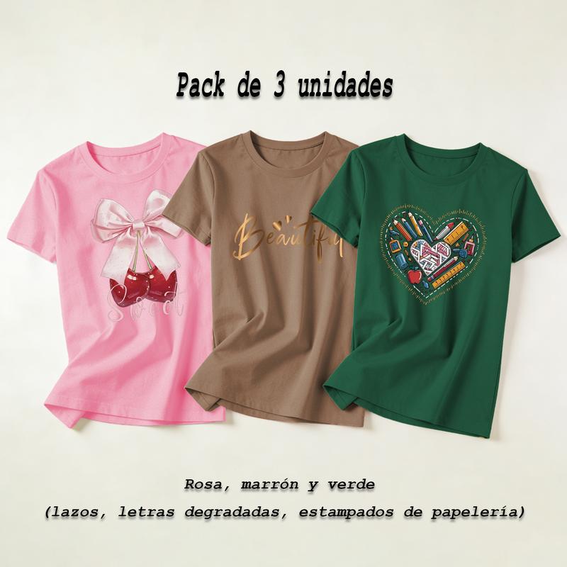 Camiseta de manga corta con cuello redondo elástico para mujer, ideal para llevar en casa o salir, muy versátil y práctica (pack de 3)
