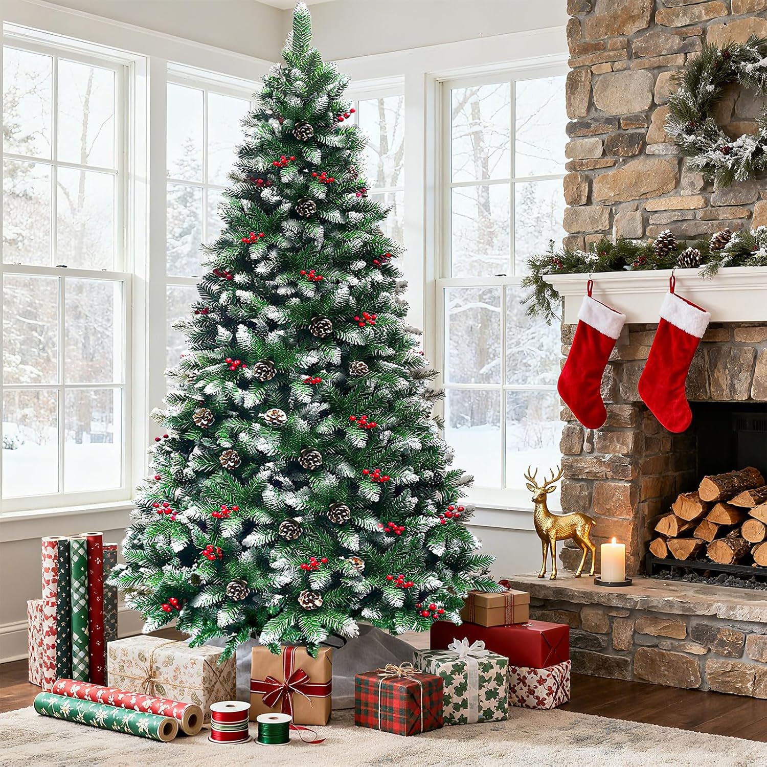 2.1M Árbol de Navidad Nevado, 1200 PVC Ramas, Árbol de Navidad Artificial con Bayas Rojas y Piñas, Soporte de Metal, Decoraciones Navideñas para Uso Interior y Exterior