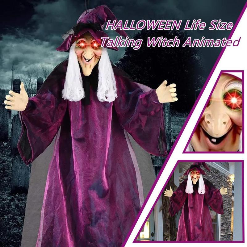 Marca Sound Activated Glowing Hanging Witch de Tamaño Real con Movimiento de Boca y Voz R2B7 Prop Animado de Halloween en Látex Natural 180cm