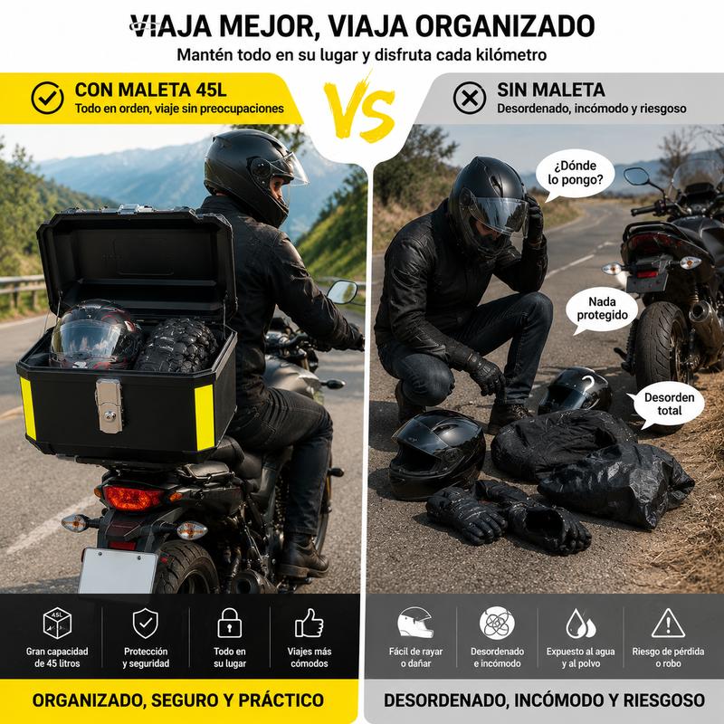 Baúl Trasero para Moto 45L/57L, Maleta de Equipaje Impermeable de Gran Capacidad para Motocicleta, Caja Superior Resistente con Cerradura Metálica Antirrobo, Tiras Reflectantes de Seguridad, Diseño de Liberación Rápida para Viajes y Uso Diario