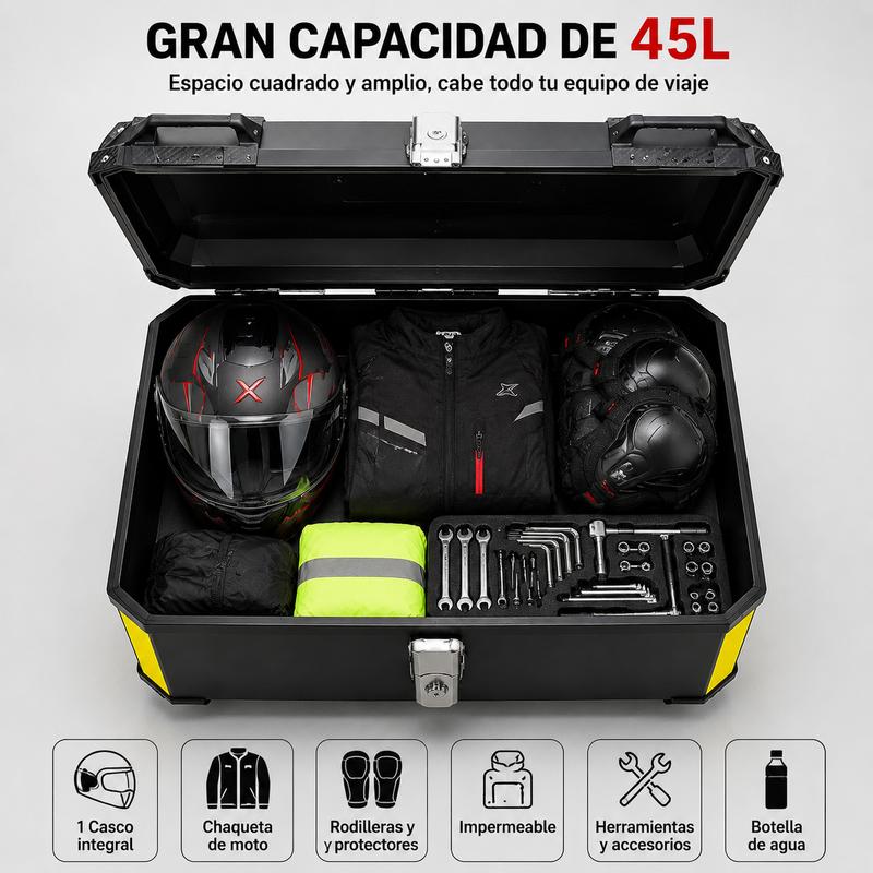 Baúl Trasero para Moto 45L/57L, Maleta de Equipaje Impermeable de Gran Capacidad para Motocicleta, Caja Superior Resistente con Cerradura Metálica Antirrobo, Tiras Reflectantes de Seguridad, Diseño de Liberación Rápida para Viajes y Uso Diario