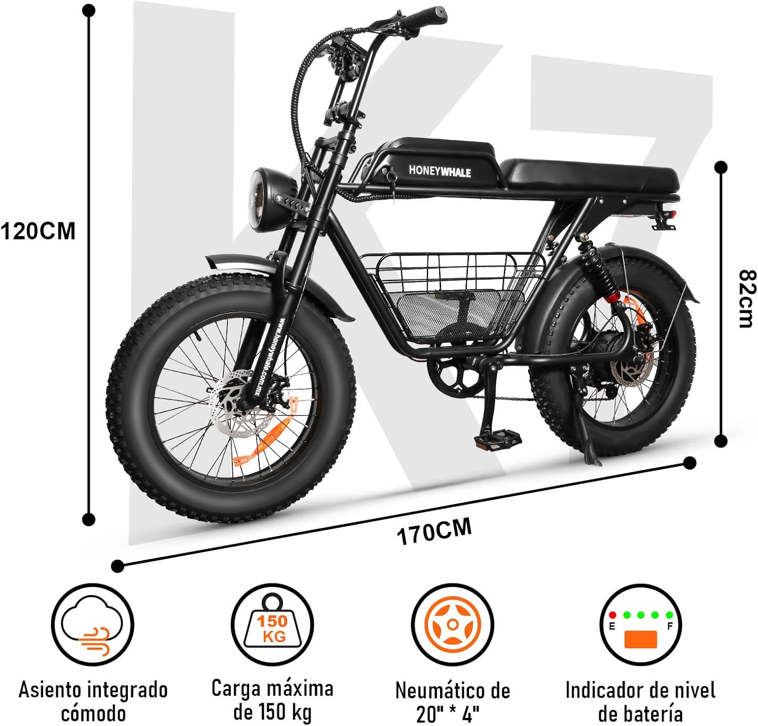 HONEYWHALE K7 Bicicleta Electrica para Adultos, Moto Bicicleta de Montaña de 7 Velocidades, Potencia del motor 1080 W, Velocidad Máxima 48KM/H, Batería (48V, 15AH), Autonomía 40-45KM