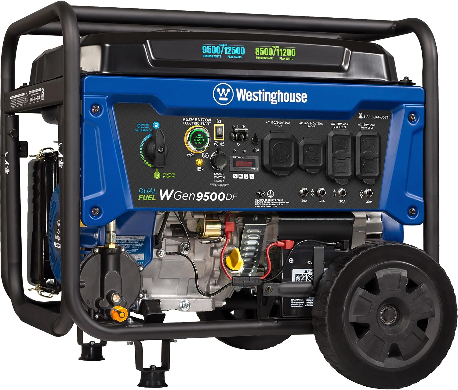Generador portátil Westinghouse de 12500 W, combustible dual, arranque eléctrico remoto, interruptor de transferencia, alimentado por gas natural y propano