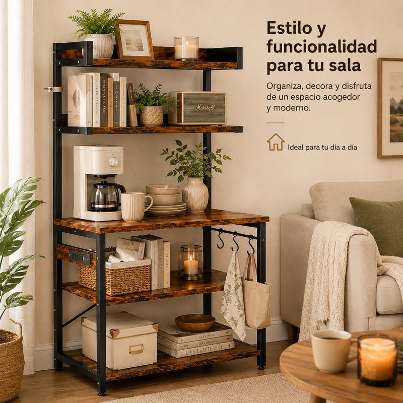 Estante Organizador Para Cocina De 5 Niveles Con Enchufes Estante De Microondas, Mueble para Microondas , Estante Para Cocina De 5 Niveles, Organizador de Cocina Con Enchufes , Mueble Multiusos de Cocina con 3 Ganchos
