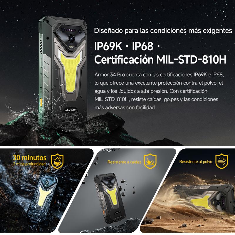 Celular con proyector integrado: Ulefone Armor 34 Pro convierte cualquier pared en cine. Ideal para ver películas en campamentos, presentar en obras o reuniones familiares.