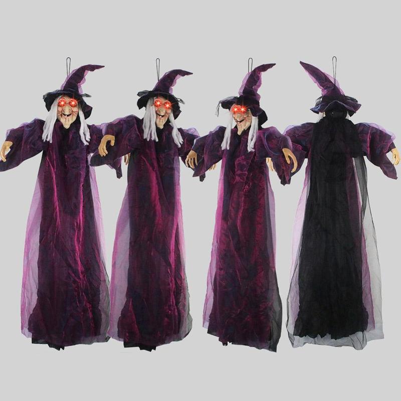 Marca Sound Activated Glowing Hanging Witch de Tamaño Real con Movimiento de Boca y Voz R2B7 Prop Animado de Halloween en Látex Natural 180cm