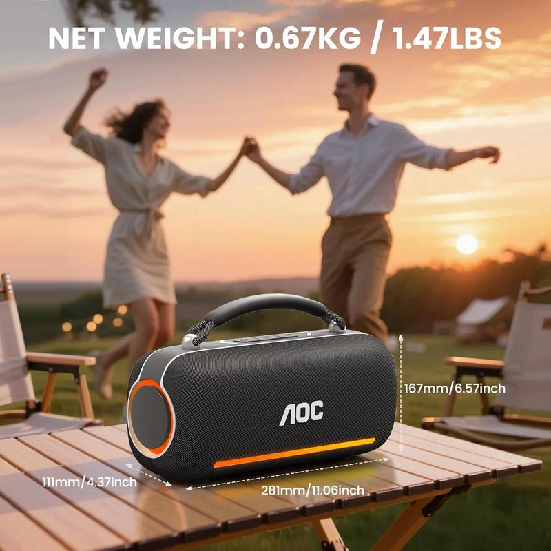 AOC ACS6311 Bocina Bluetooth Portatil 80W, Varias Luces RGB, Bluetooth 5.3 Altavoz Inalámbrico, Sonido Estéreo HD, 4000Mah Tiempo de Espera Ultralargo IPX5 función, Ideal para Viajar, Campear, Negro