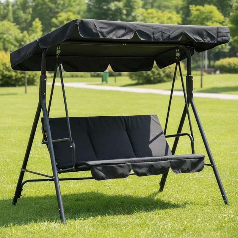 Columpio de jardín para 3 personas – Estructura de acero resistente – Cojines gruesos – Dosel ajustable – Ideal para patio, terraza, porche o piscina – Negro