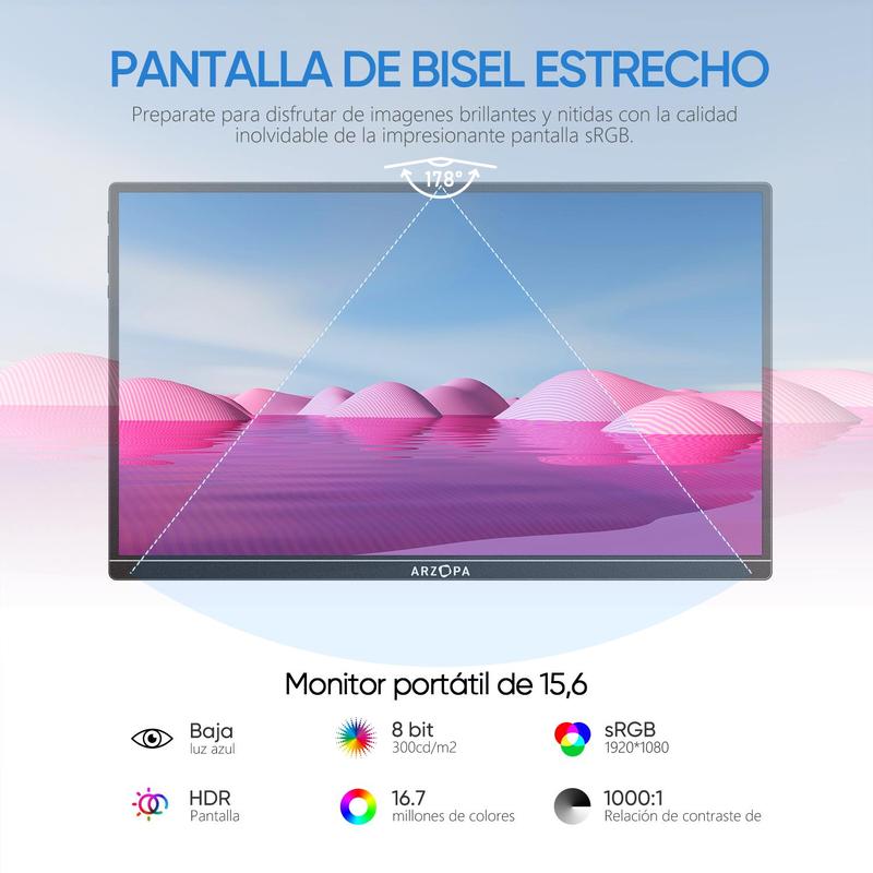 【Precio de liquidación】ARZOPA Monitor portátil para juegos de 15.6 pulgadas y 60 Hz monitor portátil 100%sRGB 1080P FHD con HDR, ultra delgado, cuidado de los ojos, segunda pantalla externa para laptop PC PS5 Mac
