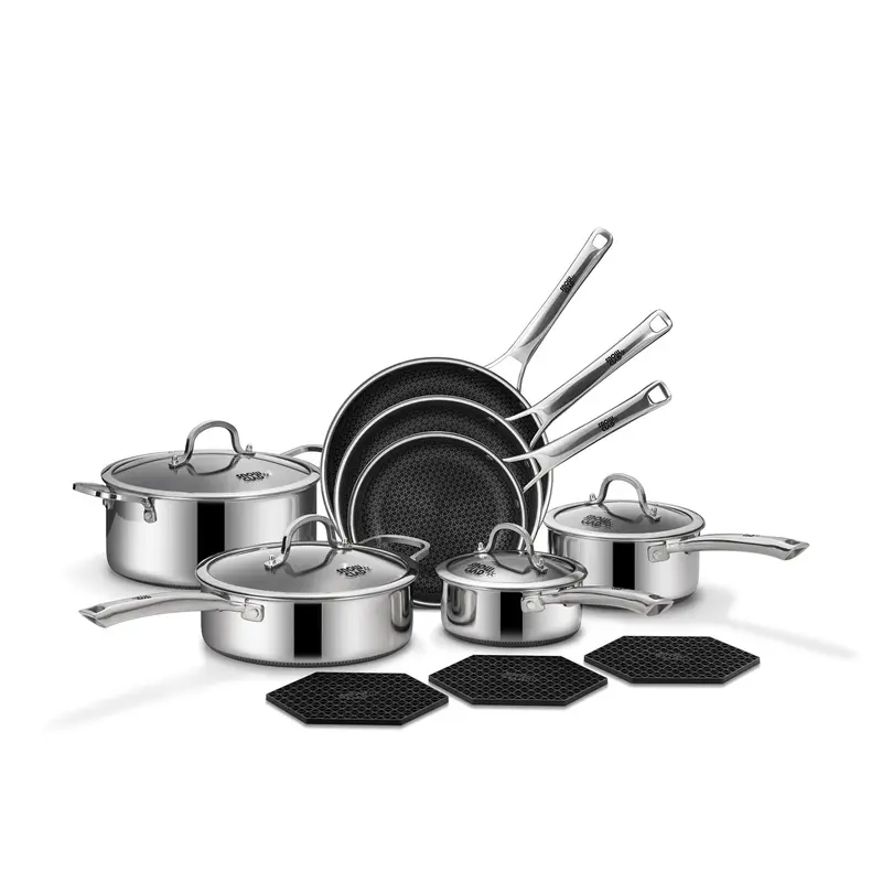 Juego de utensilios de cocina híbrido de 10 o 14 piezas – Antiadherente, sartenes y cacerolas de acero inoxidable, sartén para saltear y olla para caldos; apto para inducción, diseñado para el uso diario y libre de PFOA.