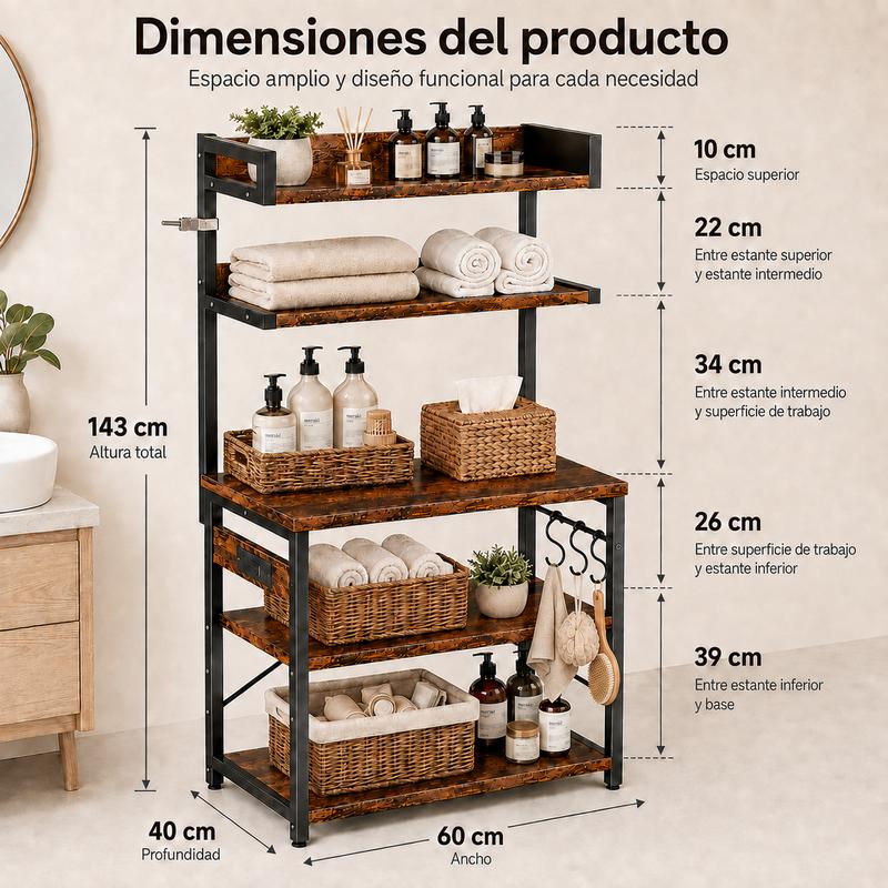 Estante Organizador Para Cocina De 5 Niveles Con Enchufes Estante De Microondas, Mueble para Microondas , Estante Para Cocina De 5 Niveles, Organizador de Cocina Con Enchufes , Mueble Multiusos de Cocina con 3 Ganchos
