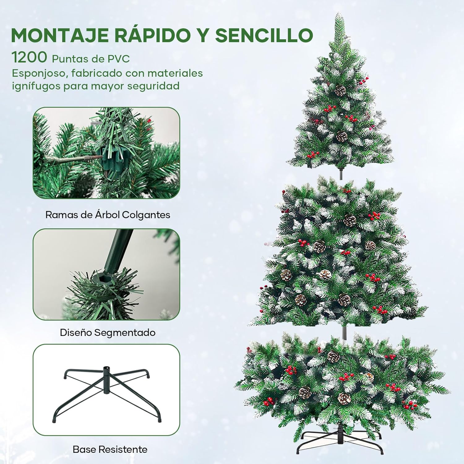 2.1M Árbol de Navidad Nevado, 1200 PVC Ramas, Árbol de Navidad Artificial con Bayas Rojas y Piñas, Soporte de Metal, Decoraciones Navideñas para Uso Interior y Exterior