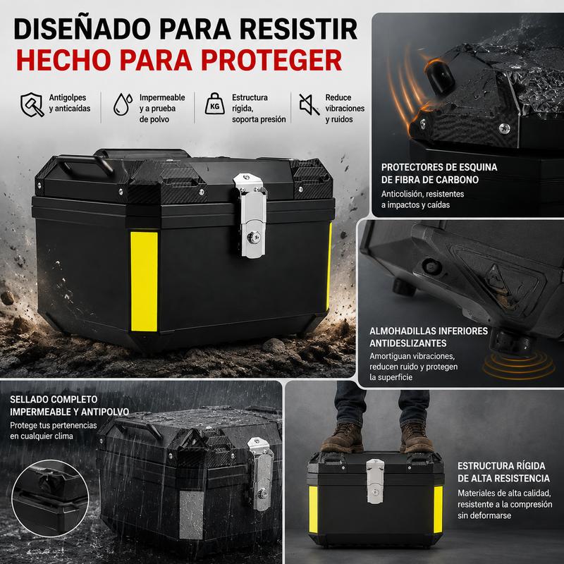 Baúl Trasero para Moto 45L/57L, Maleta de Equipaje Impermeable de Gran Capacidad para Motocicleta, Caja Superior Resistente con Cerradura Metálica Antirrobo, Tiras Reflectantes de Seguridad, Diseño de Liberación Rápida para Viajes y Uso Diario