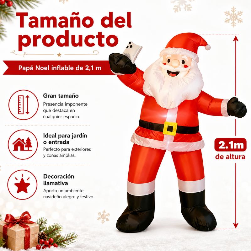 Papá Noel Inflable 2.1M, Diseño Selfie con Luces LED, Decoración Navideña Grande para Jardín, Exterior y Centro Comercial