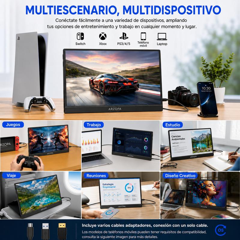 【Precio de liquidación】ARZOPA Monitor portátil para juegos de 15.6 pulgadas y 60 Hz monitor portátil 100%sRGB 1080P FHD con HDR, ultra delgado, cuidado de los ojos, segunda pantalla externa para laptop PC PS5 Mac