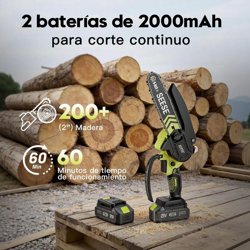 SEESE Mini motosierra inalámbrica 6”, motor sin escobillas,Equipado con dos baterías de 2000 mAh y 21 V – Ideal para poda, jardinería y corte de madera