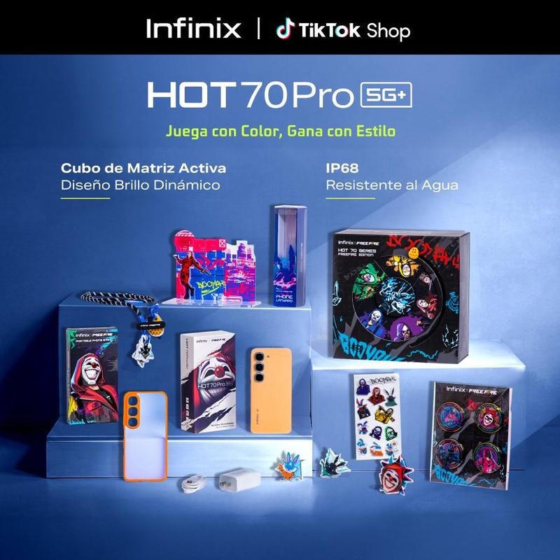 Infinix HOT 70 Pro 5G Edición Free Fire TikTok Exclusiva | 8GB+256GB | Incluye Caja de Regalo | MediaTek Dimensity 7100, AMOLED, 45W, NFC | Negro