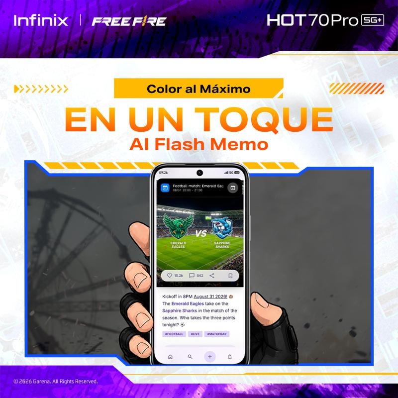 Infinix HOT 70 Pro 5G Edición Free Fire TikTok Exclusiva | 8GB+256GB | Incluye Caja de Regalo | MediaTek Dimensity 7100, AMOLED, 45W, NFC | Negro