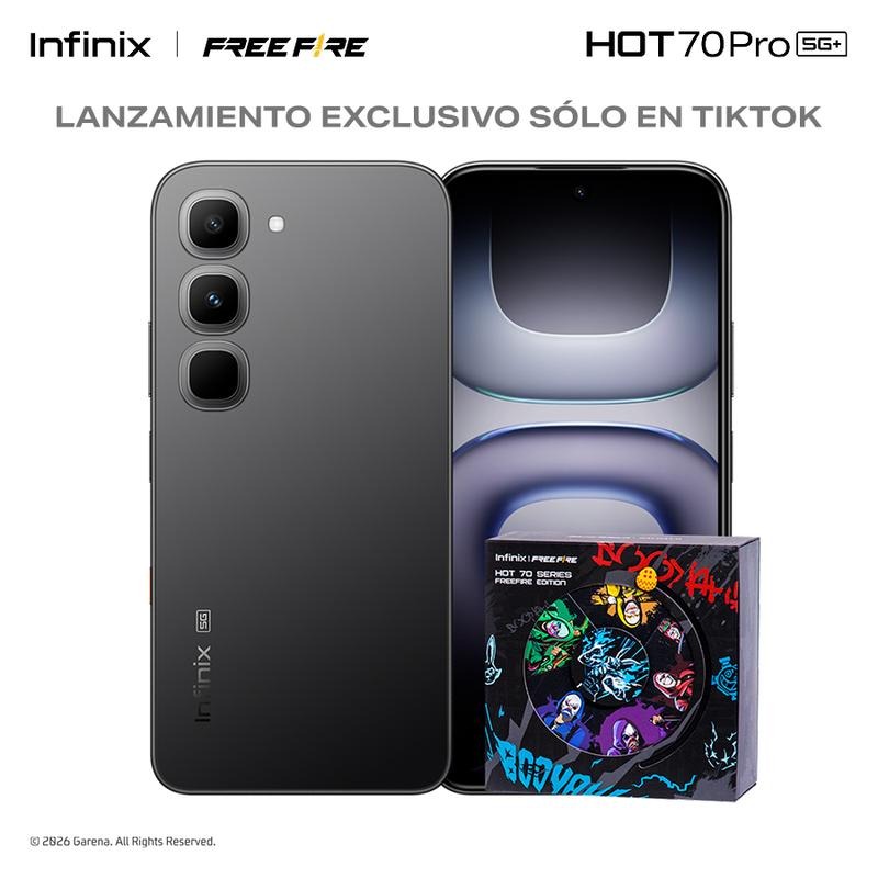 Infinix HOT 70 Pro 5G Edición Free Fire TikTok Exclusiva | 8GB+256GB | Incluye Caja de Regalo | MediaTek Dimensity 7100, AMOLED, 45W, NFC | Negro