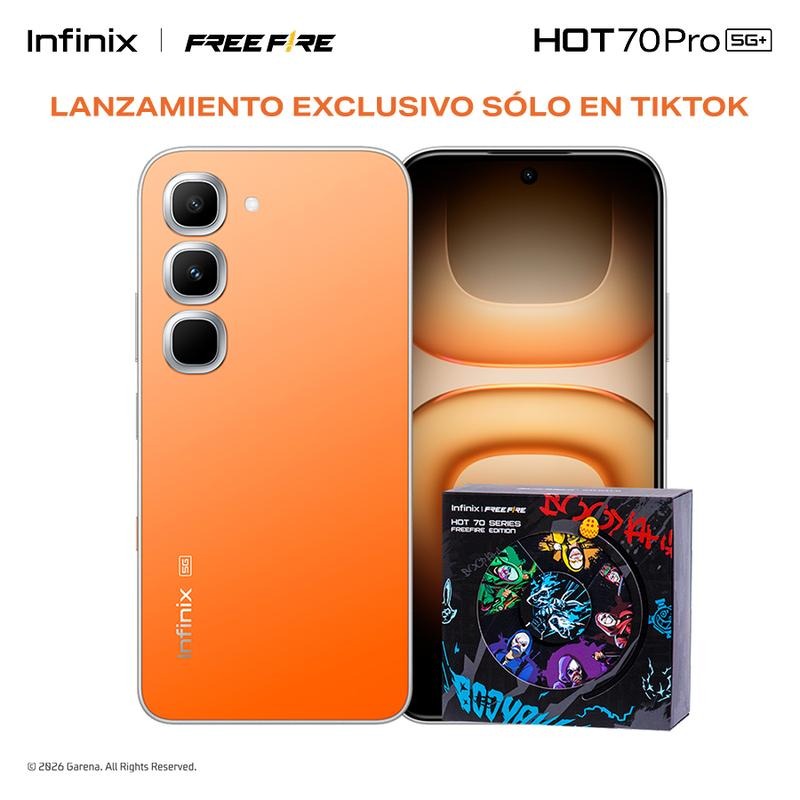 Infinix HOT 70 Pro 5G Edición Free Fire TikTok Exclusiva | 8GB+256GB | Incluye Caja de Regalo | MediaTek Dimensity 7100, AMOLED, 45W, NFC | Negro