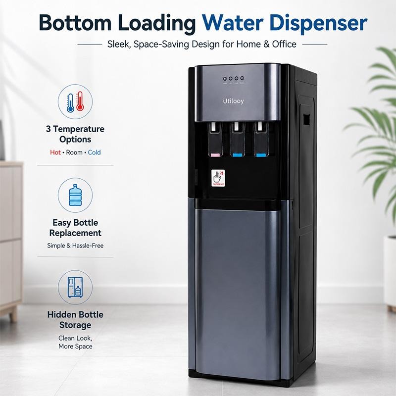 DRELIFE Dispensador de Agua Fría y Caliente de Carga Inferior, Enfriador de Agua de Pie con Gabinete de Almacenamiento, Water Cooler con Sistema de Seguridad y Bandeja de Goteo Extraíble para Hogar, Oficina y Hotel