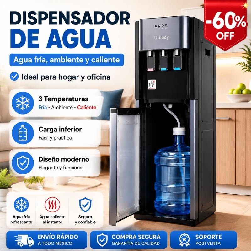 DRELIFE Dispensador de Agua Fría y Caliente de Carga Inferior, Enfriador de Agua de Pie con Gabinete de Almacenamiento, Water Cooler con Sistema de Seguridad y Bandeja de Goteo Extraíble para Hogar, Oficina y Hotel