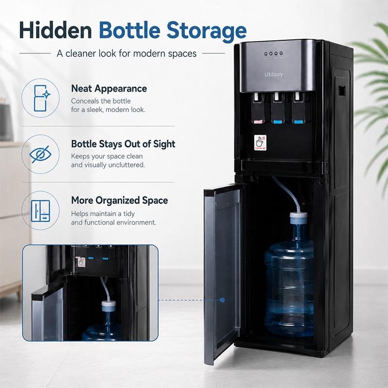 DRELIFE Dispensador de Agua Fría y Caliente de Carga Inferior, Enfriador de Agua de Pie con Gabinete de Almacenamiento, Water Cooler con Sistema de Seguridad y Bandeja de Goteo Extraíble para Hogar, Oficina y Hotel