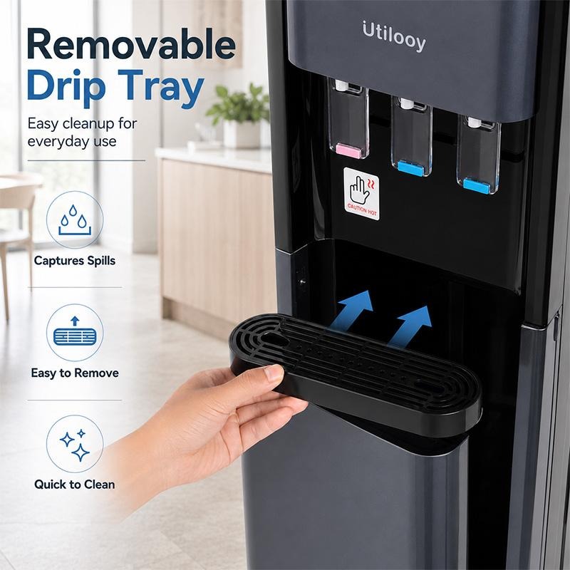 DRELIFE Dispensador de Agua Fría y Caliente de Carga Inferior, Enfriador de Agua de Pie con Gabinete de Almacenamiento, Water Cooler con Sistema de Seguridad y Bandeja de Goteo Extraíble para Hogar, Oficina y Hotel