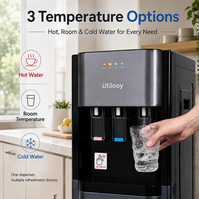 DRELIFE Dispensador de Agua Fría y Caliente de Carga Inferior, Enfriador de Agua de Pie con Gabinete de Almacenamiento, Water Cooler con Sistema de Seguridad y Bandeja de Goteo Extraíble para Hogar, Oficina y Hotel