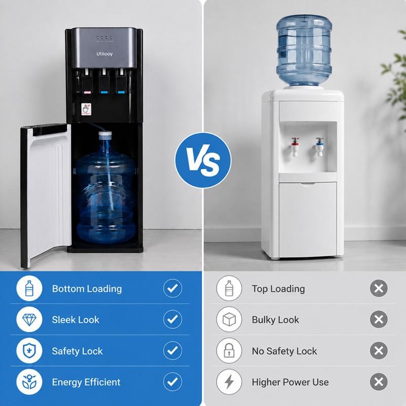 DRELIFE Dispensador de Agua Fría y Caliente de Carga Inferior, Enfriador de Agua de Pie con Gabinete de Almacenamiento, Water Cooler con Sistema de Seguridad y Bandeja de Goteo Extraíble para Hogar, Oficina y Hotel