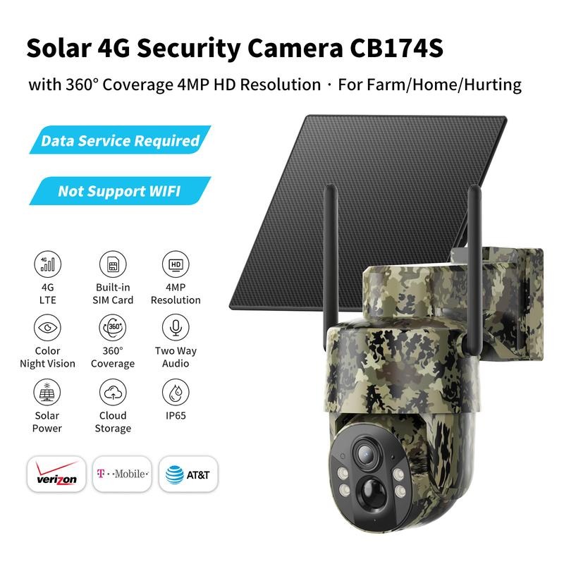 [SummerWins] Cámara de seguridad 4G alimentada por energía solar CB174S, visión nocturna en color 4MP HD, tarjeta SIM integrada, cámara para exteriores sin Wi‑Fi para granja/hogar con resistencia al agua IP65, servicio de datos 4G LTE requiere activar Sum