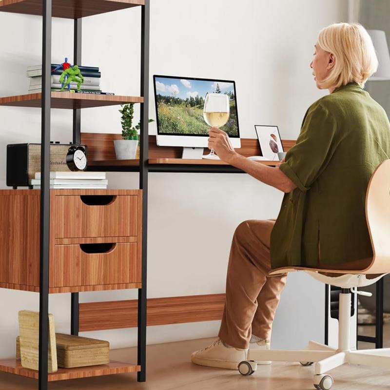 Escritorio para Computadora con Estantería y 2 Cajones, Mesa de Oficina con Almacenamiento, Estructura Metálica, Escritorio Multifuncional para Home Office