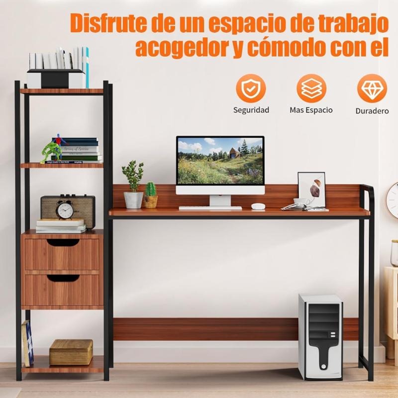 Escritorio para Computadora con Estantería y 2 Cajones, Mesa de Oficina con Almacenamiento, Estructura Metálica, Escritorio Multifuncional para Home Office