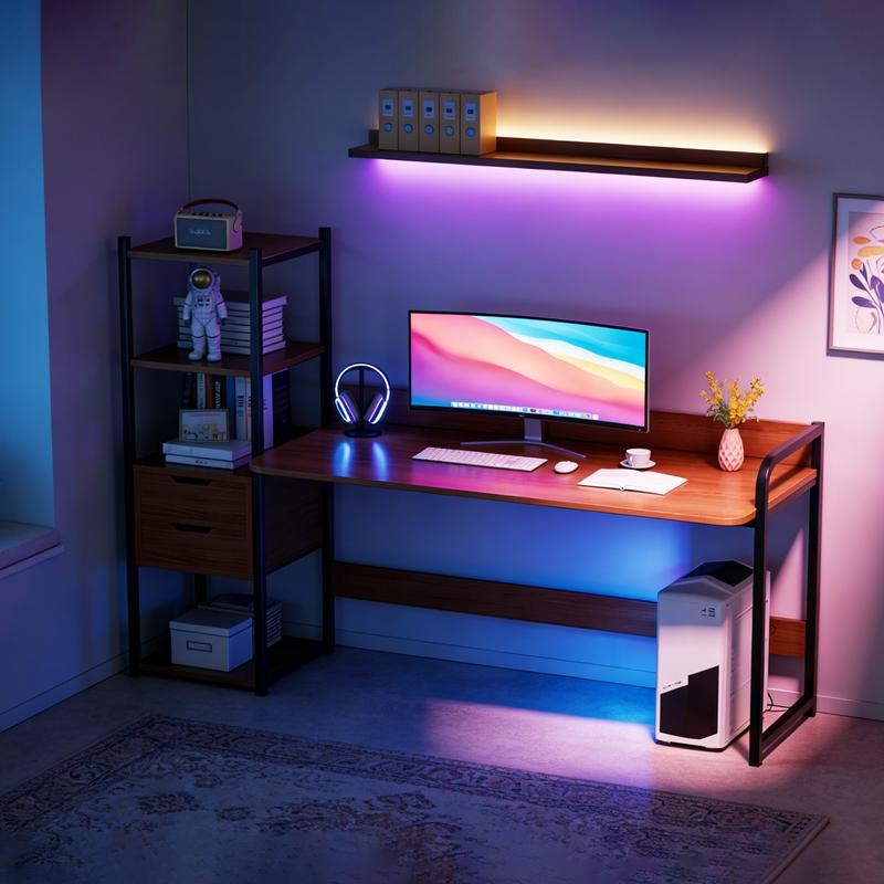 Escritorio para Computadora con Estantería y 2 Cajones, Mesa de Oficina con Almacenamiento, Estructura Metálica, Escritorio Multifuncional para Home Office