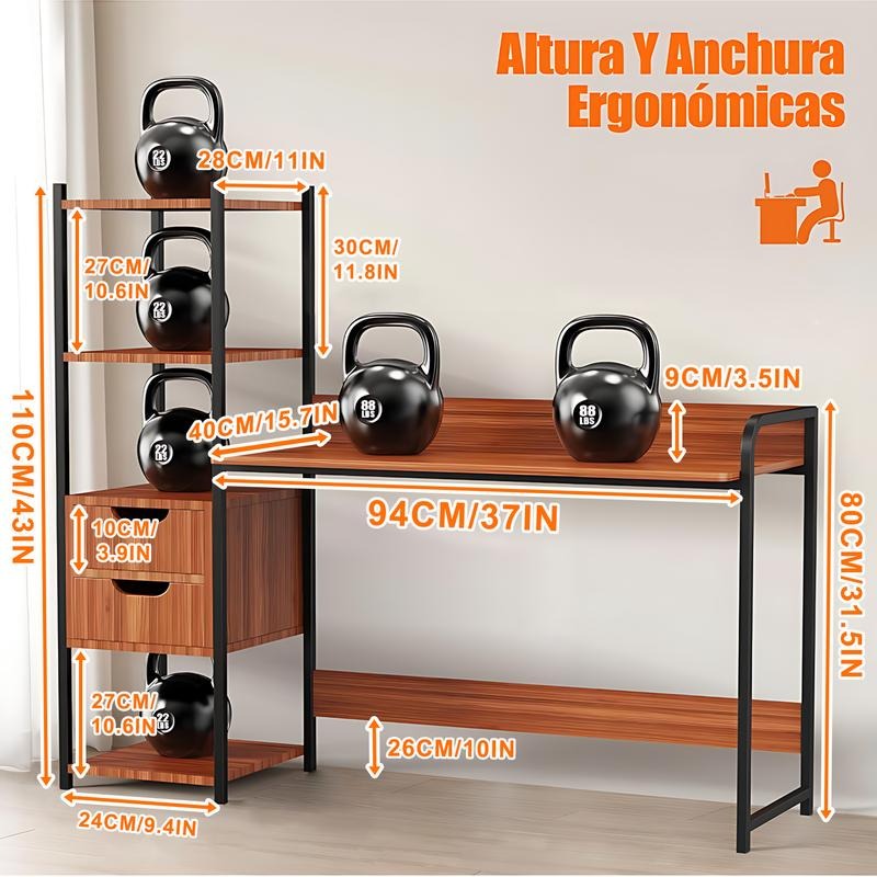 Escritorio para Computadora con Estantería y 2 Cajones, Mesa de Oficina con Almacenamiento, Estructura Metálica, Escritorio Multifuncional para Home Office