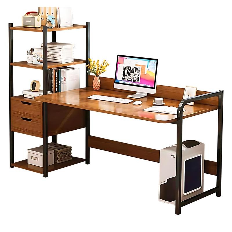 Escritorio para Computadora con Estantería y 2 Cajones, Mesa de Oficina con Almacenamiento, Estructura Metálica, Escritorio Multifuncional para Home Office