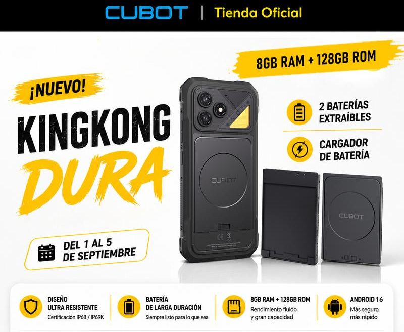 Cubot Kingkong Dura Robusto Dual Sim 128/256 Gb Negro 8/12 Gb Ram (ampliable Hasta 20 Gb) 2 Baterías Extraíbles de 5000 mAh + Cargador de Baterías Android 16  A