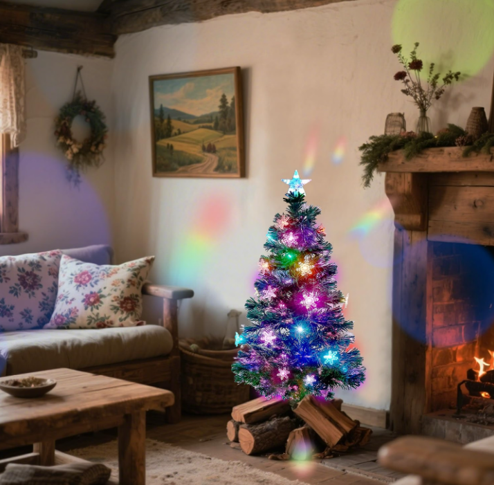 Juegoal Árbol de Navidad Artificial Verde Preiluminado de 3 pies, Mini Árboles de Navidad de Mesa de Fibra Óptica Iluminada con Luces que Cambian de Color, Copos de Nieve y Estrella Superior, Árbol