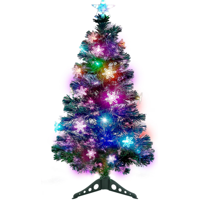 Juegoal Árbol de Navidad Artificial Verde Preiluminado de 3 pies, Mini Árboles de Navidad de Mesa de Fibra Óptica Iluminada con Luces que Cambian de Color, Copos de Nieve y Estrella Superior, Árbol