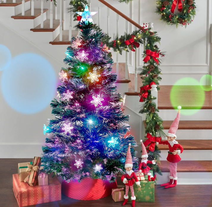 Juegoal Árbol de Navidad Artificial Verde Preiluminado de 3 pies, Mini Árboles de Navidad de Mesa de Fibra Óptica Iluminada con Luces que Cambian de Color, Copos de Nieve y Estrella Superior, Árbol