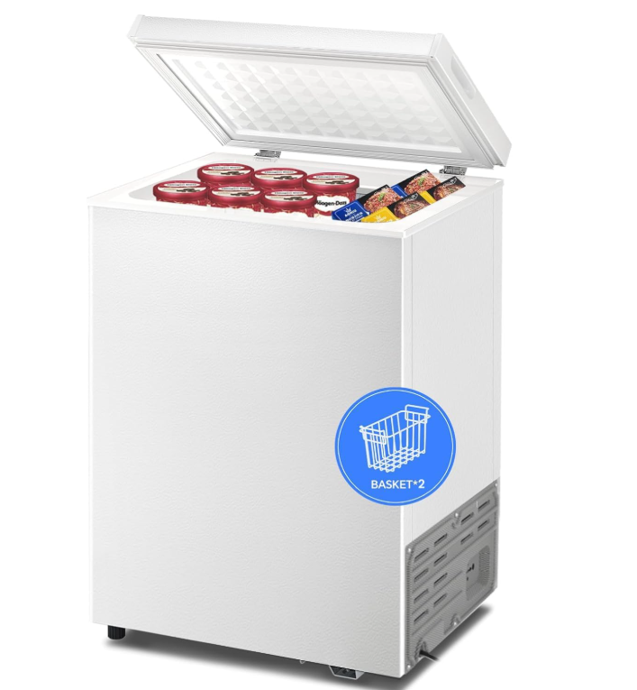 Congelador horizontal de 1,8 pies cúbicos: modelo independiente de apertura superior con cesta extraíble, desagüe de descongelación en la parte inferior y termostato ajustable de 7 niveles; minicongelador compacto para almacenamiento