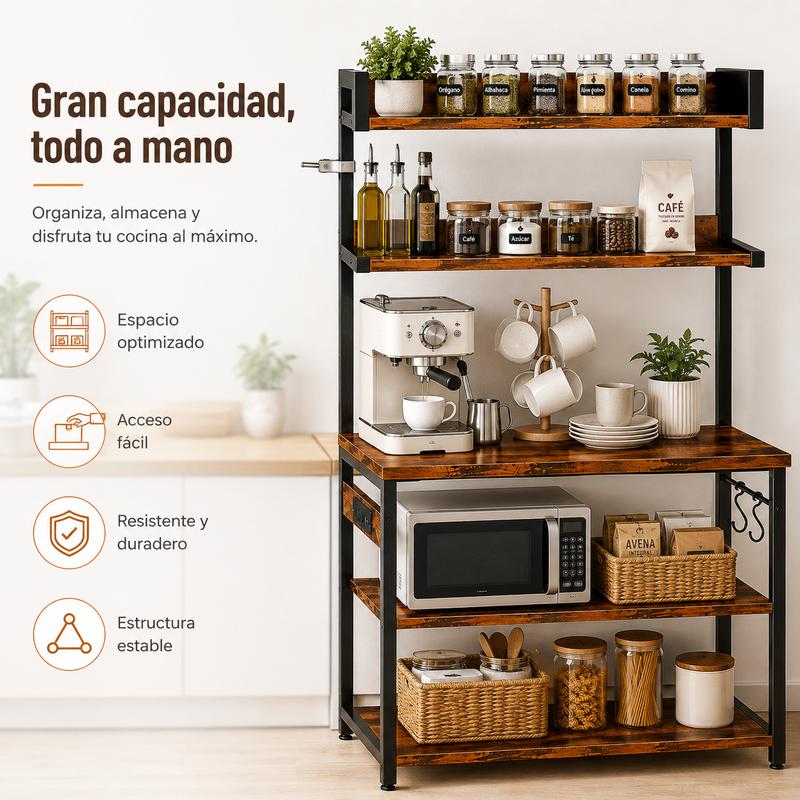 Estante Organizador Para Cocina De 5 Niveles Con Enchufes Estante De Microondas, Mueble para Microondas , Estante Para Cocina De 5 Niveles, Organizador de Cocina Con Enchufes , Mueble Multiusos de Cocina con 3 Ganchos