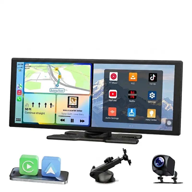 Pantalla LAMTTO de 10,25 pulgadas con CarPlay inalámbrico: compatible con aplicaciones como TikTok, Netflix y YouTube, uso de aplicaciones en pantalla dividida, cámara de visión trasera, navegación y asistente de voz. Compatible con iOS 10+ y Android 11+.