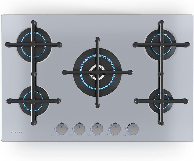 Placa de gas Klarstein Illuminosa 5: cocina de 5 fuegos, quemador para wok de 4 kW, encendido eléctrico, sistema de seguridad por corte de llama, soportes de hierro fundido, acero inoxidable, cocción eficiente y ecológica.